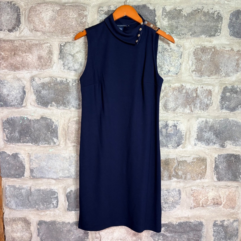 Ralph Lauren Sport Navy Blue Leather Trim Snap Neck Sleeveless Sheath Dress M